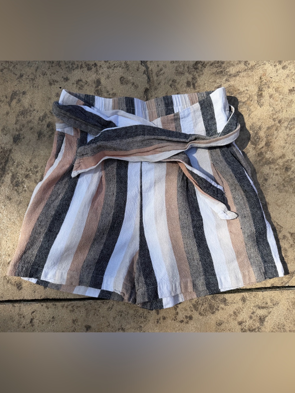 Striped Tie-Waist Linen Shorts — White, Beige & Charcoal